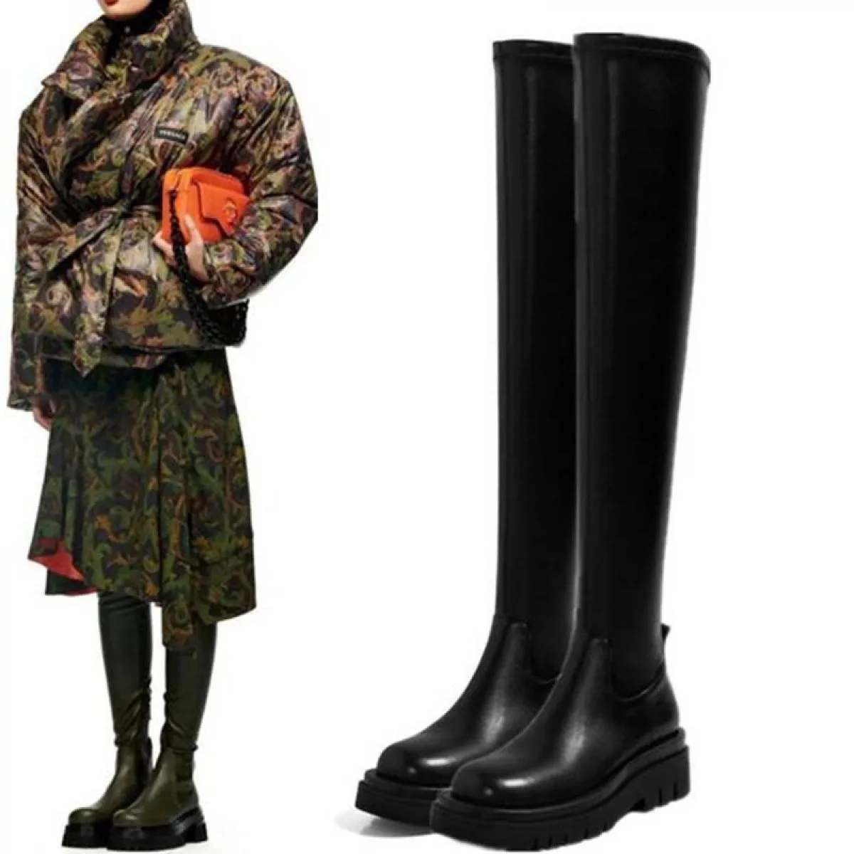 2022 Nuovo Inverno Neve Antiscivolo Piattaforma Donne Botas Designer Stretch Stivali Alti Tacchi Medi Partito Sopra Il Ginocchio