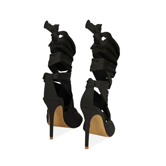 Sandali lace-up neri in lycra, tacco 9,5 cm