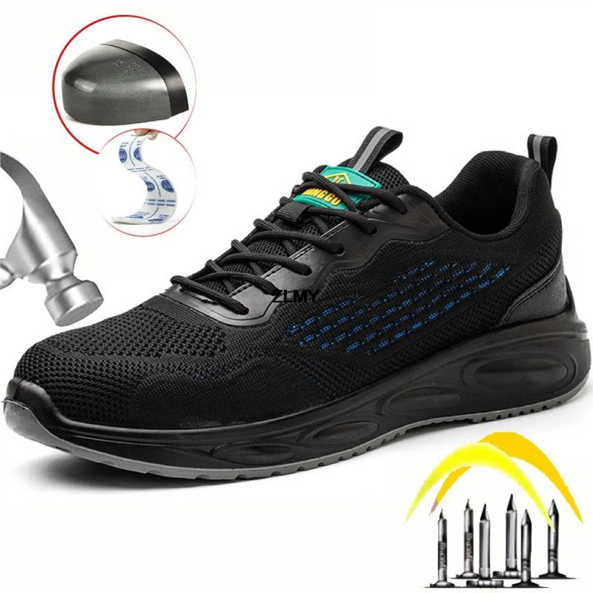 Scarpe antinfortunistiche nere da uomo Sneaker con punta in acciaio Scarpe da lavoro piatte Stivali da lavoro antinfortunistici