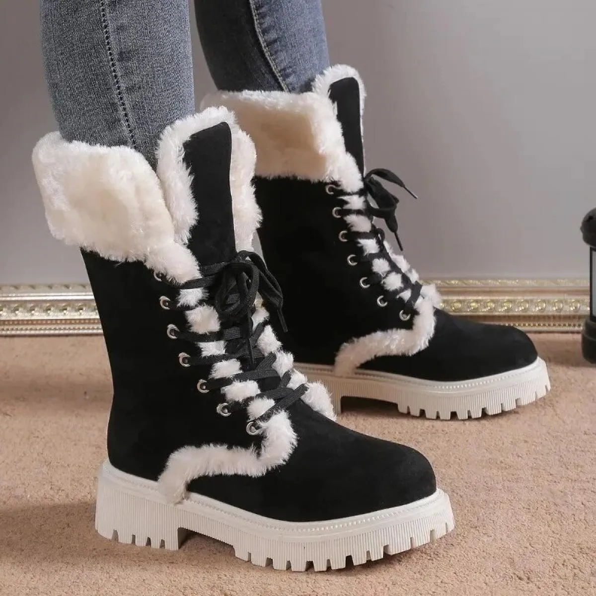 Scarpe per le donne 2023 New Lace Up/on Tacchi alti Moda inverno caldo nuovo stile elegante tinta unita stivali da neve di grand