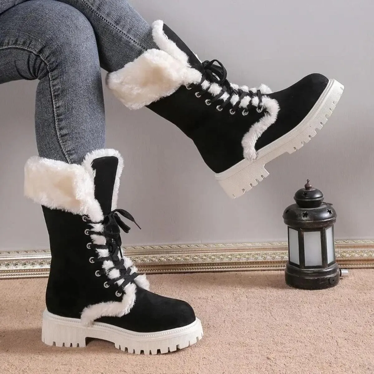 Scarpe per le donne 2023 New Lace Up/on Tacchi alti Moda inverno caldo nuovo stile elegante tinta unita stivali da neve di grand