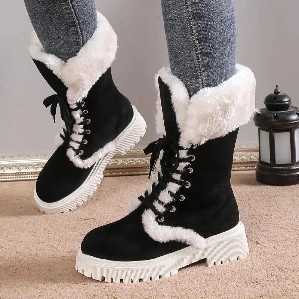 Scarpe per le donne 2023 New Lace Up/on Tacchi alti Moda inverno caldo nuovo stile elegante tinta unita stivali da neve di grand